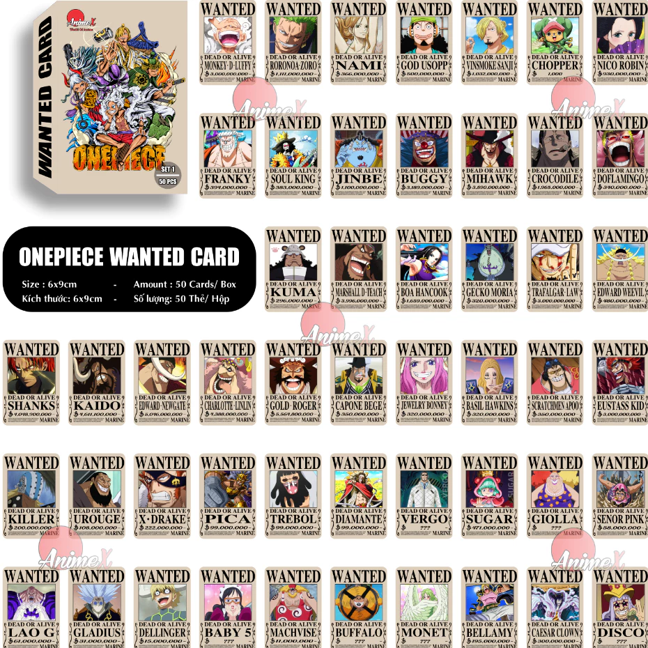 Hộp 50 Thẻ Truy Nã One Piece Chính Hãng 6x9cm - Bộ Sưu Tập Đảo Hải Tặc AnimeX