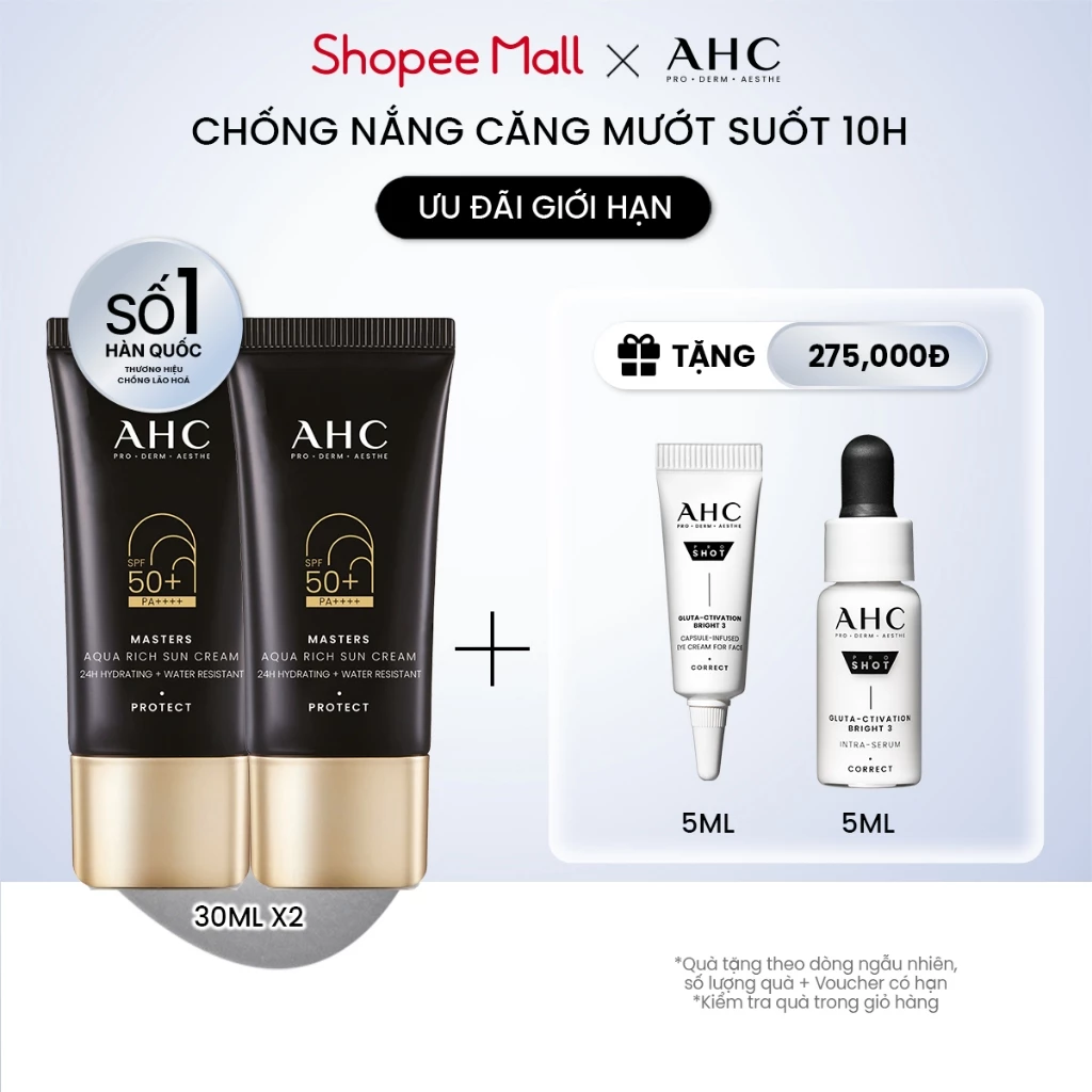 Kem Chống Nắng AHC Masters Aqua Rich SPF50+ PA++++ 30ml - Mua 1 Tặng 1