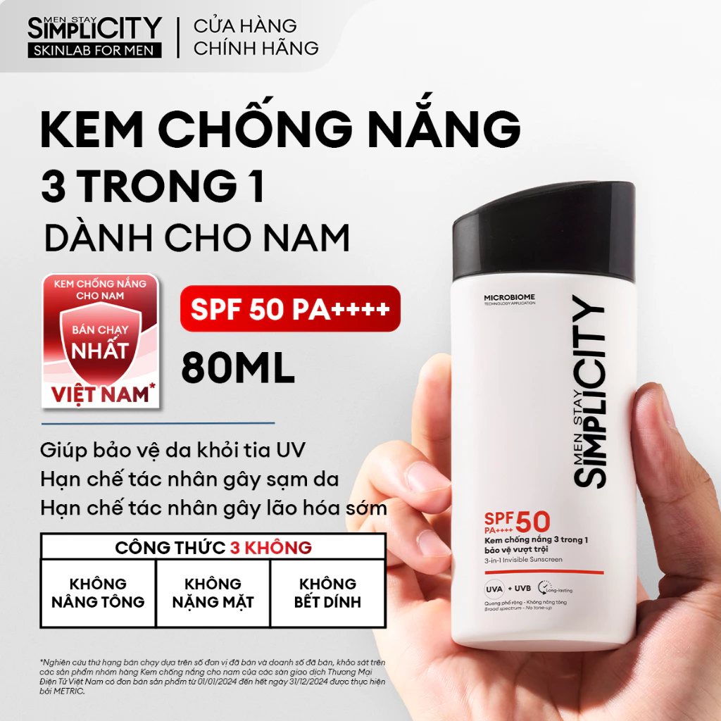 Kem Chống Nắng Nam 3in1 Men Stay Simplicity SPF50 PA++++ 80ml - Không Nhờn, Bảo Vệ Tối Ưu