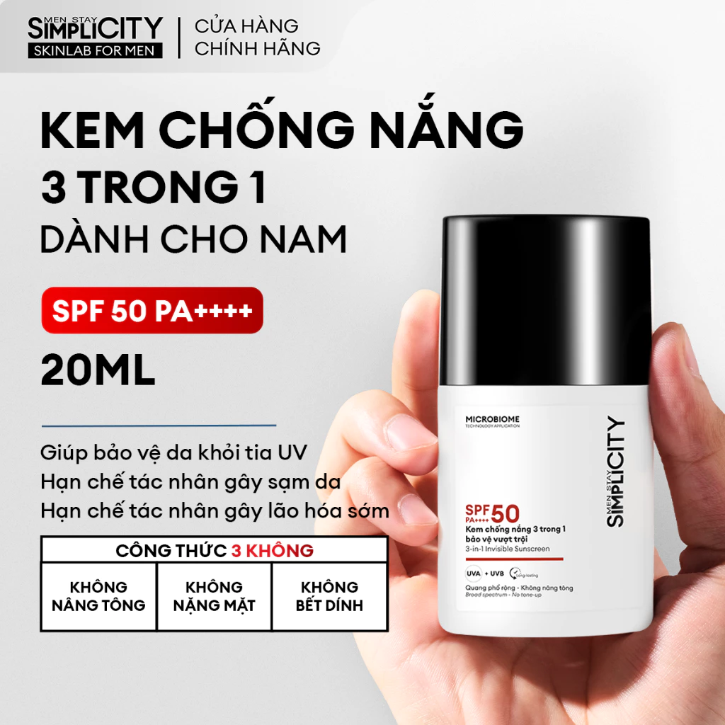 Kem Chống Nắng Nam 3in1 SPF50 PA++++ Men Stay Simplicity 20ml - Bảo Vệ Vượt Trội, Không Vệt Trắng