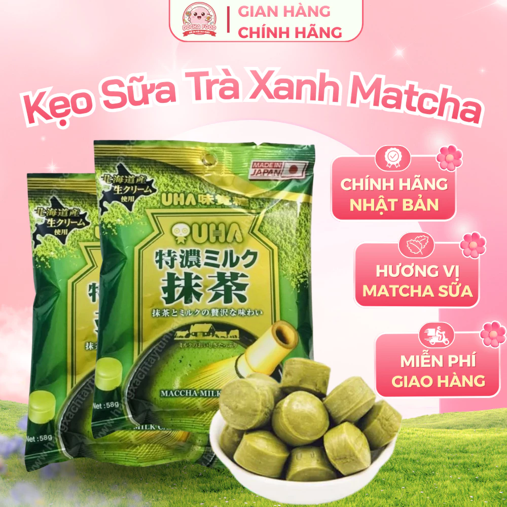 Kẹo Sữa Matcha UHA Nhật Bản 58g - Vị Trà Xanh Uji & Sữa Hokkaido Thơm Béo