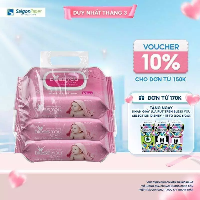 Khăn ướt không mùi Bless You Love 100 tờ - Mềm mại, an toàn cho da, lốc 3 gói tiện lợi