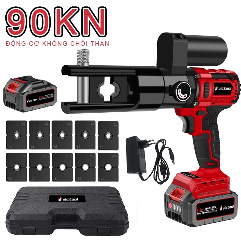 Kìm Ép Cos Thủy Lực Victool 90KN Dùng Pin, Đầu Xoay 360°, Màn Hình LCD, Ép Đồng/Nhôm