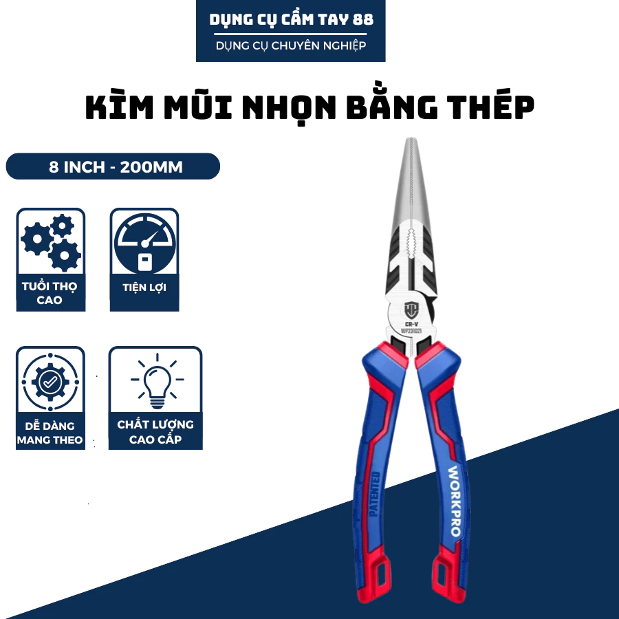 Kìm Mũi Nhọn WORKPRO Thép Cr-V Cao Cấp 6-8 Inch - Cầm Êm Tay, Bền Bỉ