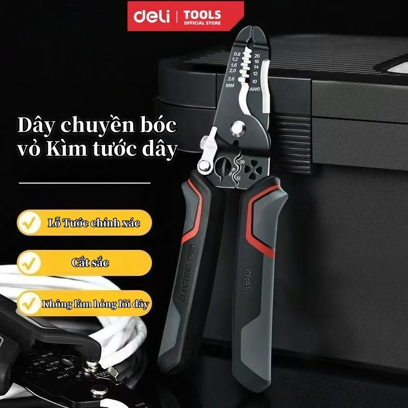 Kìm Tuốt Dây Điện Deli 7 Trong 1 - Thép Không Gỉ, Lò Xo Ẩn, Đa Năng Chuyên Dụng