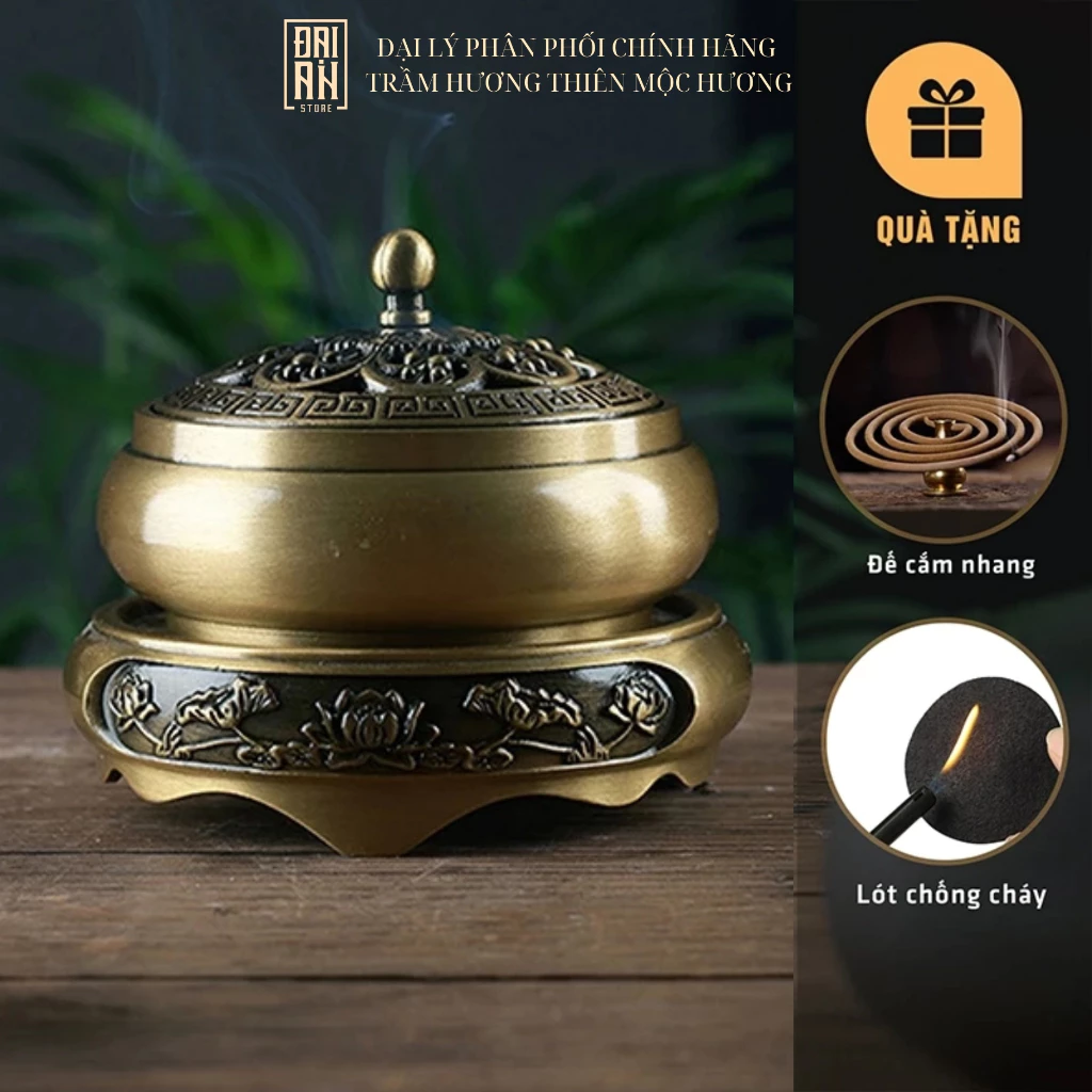 Lư Đồng Xông Trầm Thiên Mộc Hương - Đúc Nguyên Khối, Kèm Lót Chống Cháy