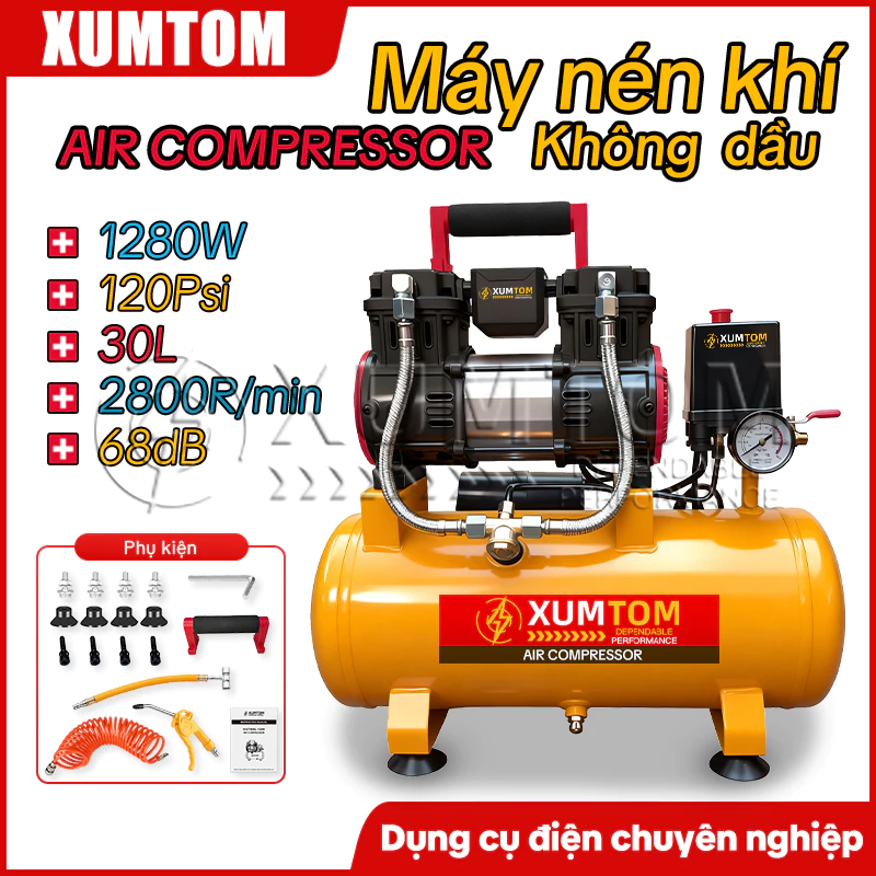 Máy Nén Khí Không Dầu 9L XUMTOM - Vận Hành Yên Tĩnh 68dB, Phun Sơn & Bơm Hơi Chuyên Dụng
