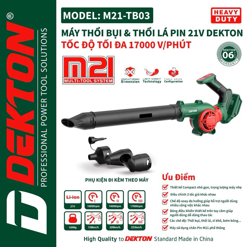 Máy Thổi Bụi Lá Pin 21V Dekton M21-TB03 3 Tốc Độ, 160MpH - Thế Hệ Mới 2024