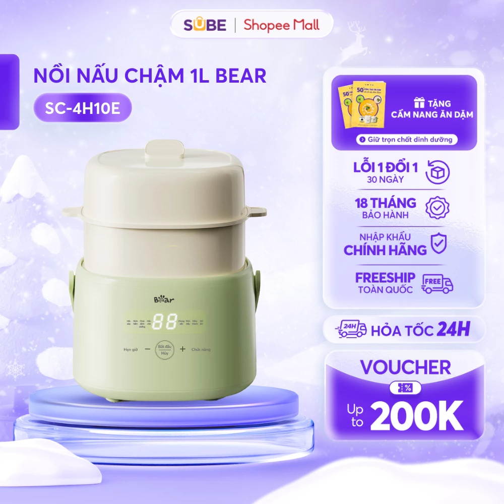 Nồi Nấu Chậm Bear 1L - Nấu Cháo, Hấp, Chưng Yến, Giữ Trọn Dinh Dưỡng Cho Bé