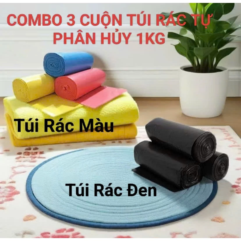 Túi Rác Tự Hủy Sinh Học 3 Cuộn 1kg - Dày Dai, Chịu Nhiệt, Thân Thiện Môi Trường