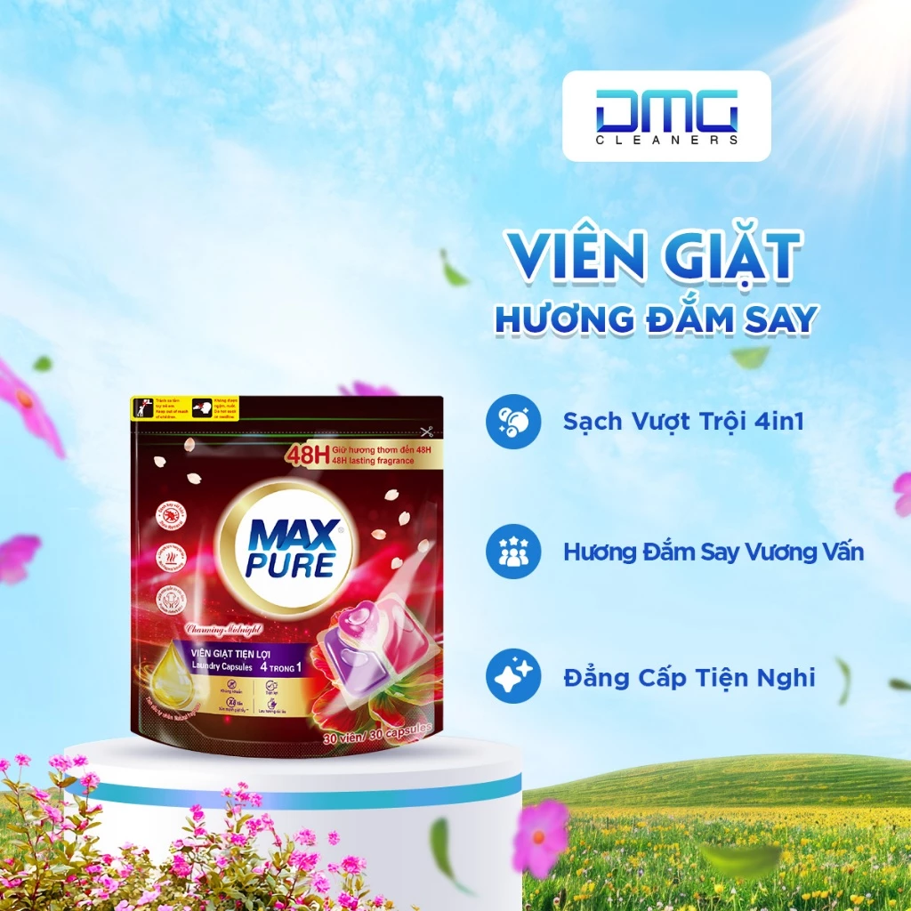 Viên Giặt Maxpure 4in1 Hương Đắm Say - Sạch Sâu, Thơm Lâu 7 Ngày, Giữ Màu Tuyệt Đối