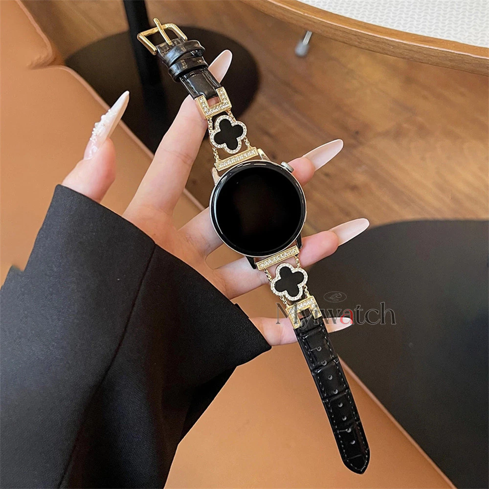 Dây Đeo Da Cỏ Ba Lá Kim Cương 20mm 22mm Sang Trọng Cho Samsung Galaxy Watch