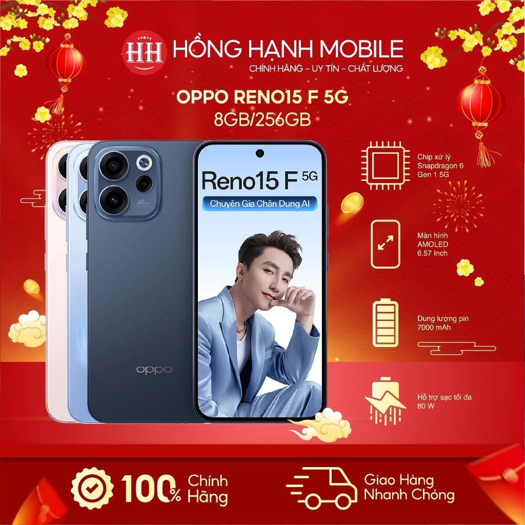 Oppo Reno15 F 5G 8GB/256GB Chính Hãng - Màn AMOLED 120Hz, Pin 7000mAh, Sạc 80W